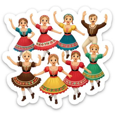 Cinematic Realistic Mazurka Dance Emoji, depicted as a lively traditional Polish folk dance scene with colorful costumes and spirited movement, rendered with dynamic textures and vibrant festive lighting that captures its rhythmic energy. sticker