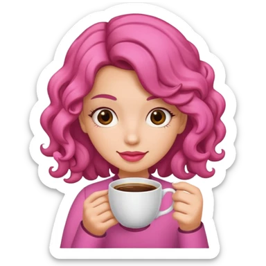 Crea una chica rizada con una taza rosa de café sticker