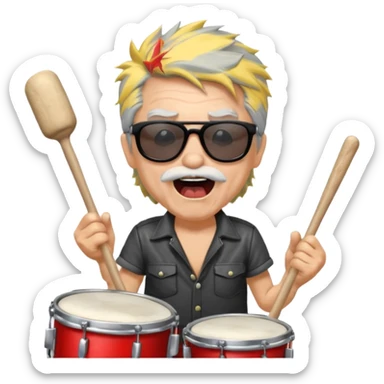 old rocker drummer singing, wild hair, sunglasses, holding drumsticks, open mouth, expressive, energetic sticker