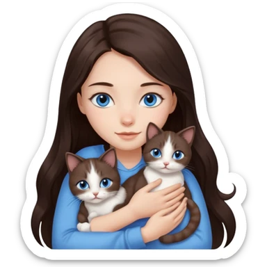 a pretty girl with long dark 
brown hair, with blue eyes, hugs 3 different natural coloured small cats sticker