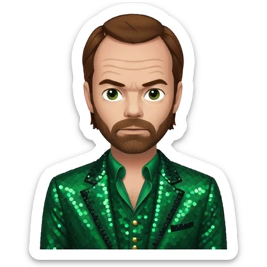 Hugo Weaving with brown hair, dark green sequin outfit sticker