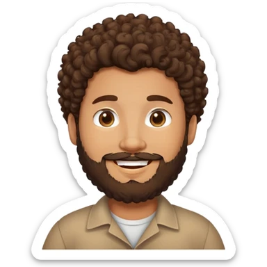 tan guy with brown and black curly hair, beard, chubby face, smiling sticker