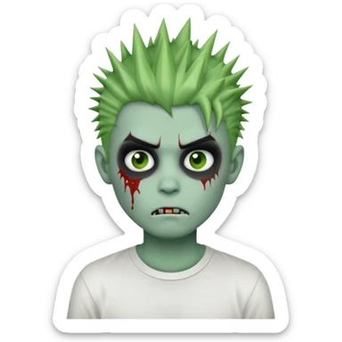 zombie boy with spiky emo hair, white shirt, green skin, classic apple emoji style sticker