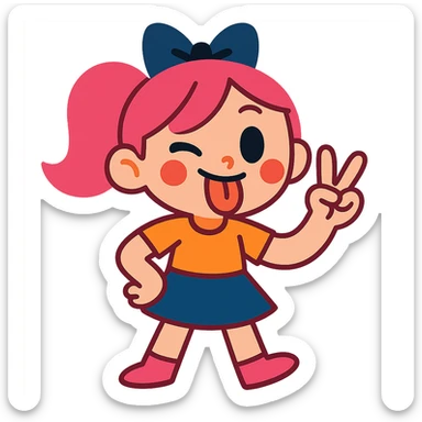 girly character sticking tongue out and showing peace hand sign, playful, cute, vibrant colors sticker