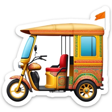 Cinematic Realistic Indian Auto Rickshaw Emoji, depicted as a colorful, bustling auto rickshaw with intricate designs and vibrant hues, rendered with lively textures and dynamic urban lighting that captures its quintessential presence in Indian cities. sticker