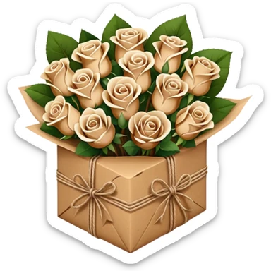 boquet of brown/ white roses in a paper package sticker