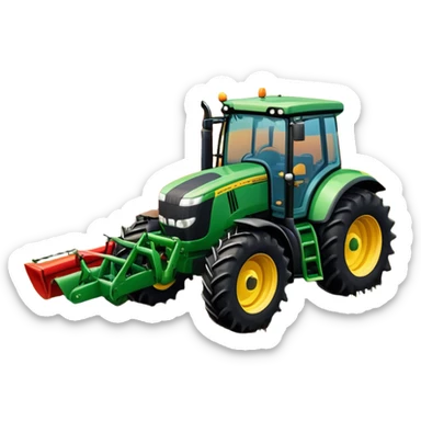 An icon representing a Farming Simulator 22, with a detailed tractor, plowing fields under a bright sky with a colorful rural landscape. The design includes farming tools, crops and barns, symbolizing the immersive experience of managing a farm. Transparent background. sticker