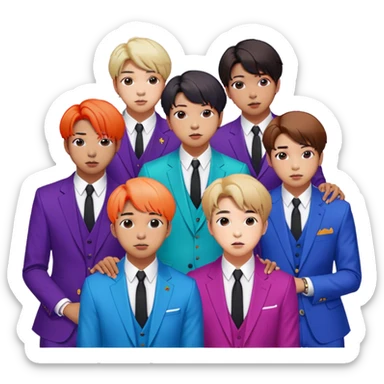 Cinematic Realistic group portrait of BTS featuring all 7 members in stylish modern attire, with detailed facial expressions and vibrant colors, captured in dynamic, contemporary lighting that emphasizes their global pop icon status sticker