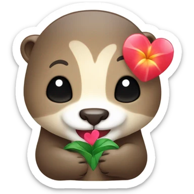 A happy and cute otter face with a Hawaiian flower-shaped pin, holding a heart in its hand. sticker