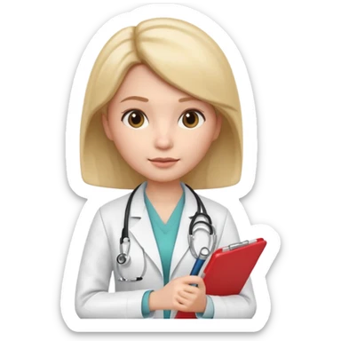 3D memoji female doctor holding clipboard and pen, slightly strict but kind facial expression, educational vibe, white medical coat, isolated PNG sticker