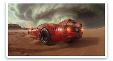 Cinematic still of a ferrari f40 around tornado od arizona desert, sun flare, captured by gopro hero with effect fisheye, water drops on car body, detailed, inspired by interstellar look, captured by a Super-16 sticker