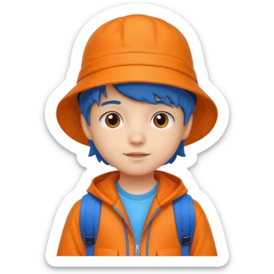 A little student with bucket hat, orange jacket, blue backpack sticker