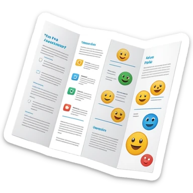 tri-fold brochure opened, with simple layout lines and image placeholders. sticker