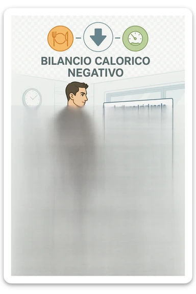 a man stands on a digital scale, looking at a nutrition chart that shows his daily calorie intake is lower than his energy expenditure. Floating icons above his head display a negative calorie balance, and his body appears slightly leaner, with visible muscle definition. The background is a modern clinic, emphasizing the concept of caloric deficit. scritto in italiano sticker