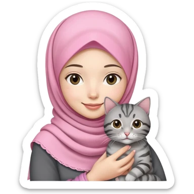Asian white girl wearing pretty pink hijab holding a black grey tabby cat with smiling sticker