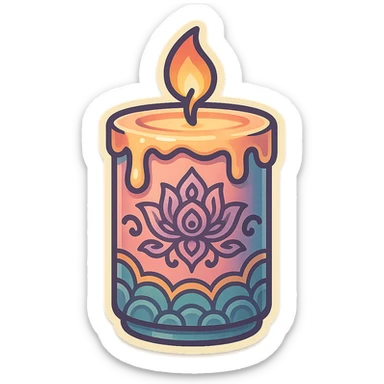 Edit the image of a burning candle in an eastern style with only decorative patterns (no clouds, lanterns, or coins). Use the retro-stickers style with thin clean contours, soft rounded shapes, detailed drawing with shadows and highlights, pastel palette #98B5BC, #B5B3C1, #C9A3C9, #E4C0CA, #F7DCD1, #F7C0AA, modern Japanese pop-art, soft lighting, and transparent background. sticker