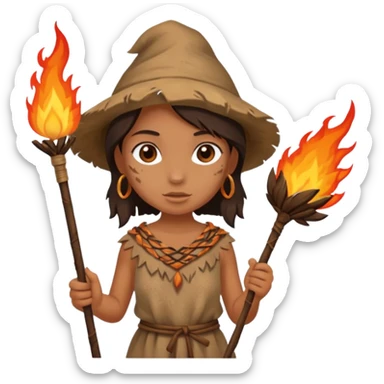 ancient girl, tattered animal skin cloth, hold fire stick sticker