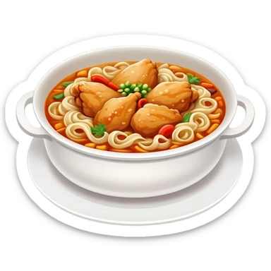 Xinjiang Big Plate Chicken with wide noodles in large dish, simplified emoji style with bold outlines and bright colors, cartoon style spicy chicken stew sticker