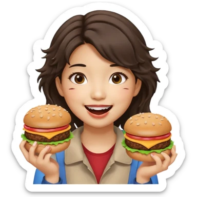 create a humongous asian girl with 2 burgers and a cookie in her mouth sticker