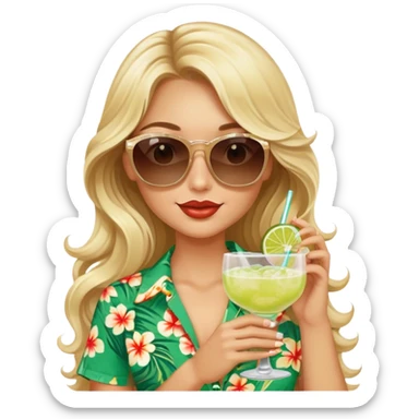 Blonde model with brown eyes, long wavy hair, margaritaville sticker