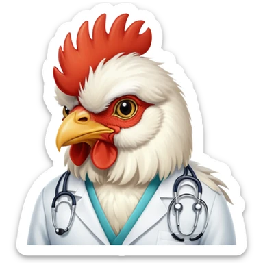 A White Silkie Bantam rooster has very fluffy plumage on its head and is wearing a doctor's stethoscope.  sticker