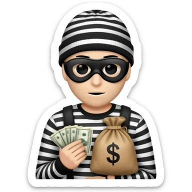burglar with black and white striped shirt, black beanie, black mask over eyes, holding a moneybag sticker