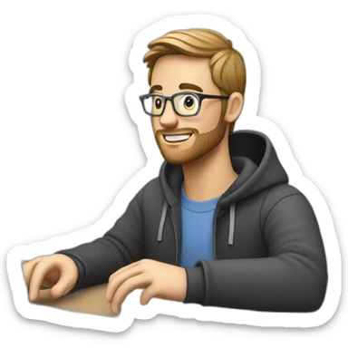 white video editor man using small apple laptop on side sticker