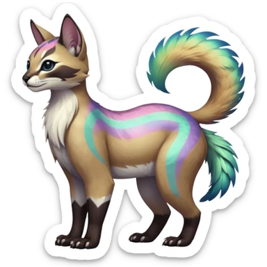 Colorful dark tropical feathery tribal pale light fruity pastel white glorious iridescent divine exotic cute cool beautiful beautiful fantasy-caracal-civet-genet-sergal-vernid-Gryphon-Cacomistle-Trico-oncilla-animal-Fakémon-hybrid-fursona (full body) sticker