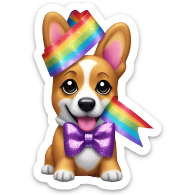 Lisa frank rainbow glitter corgi with ribbon bow on head sticker