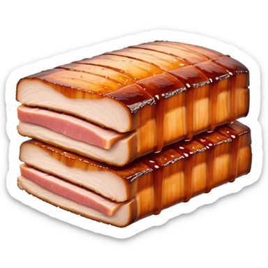 Cinematic tender pork belly, slow-roasted to perfection, crispy caramelized edges, glistening with juices, sliced into thick, rich layers, warm golden tones, luxurious and indulgent. sticker