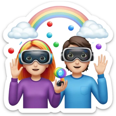 Human girl and boy Show a VR headset or AR glasses, symbolizing the immersive hair experience. Include virtual objects or a 3D scene floating in the air in front of rainbow Make the background transparent. sticker