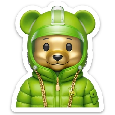 bearbrick with lime green balaclava that has built-in panoramic visor lens directly in eye area, single continuous shield integrated into the mask, not separate glasses, puffy jacket with fur, gold chains sticker