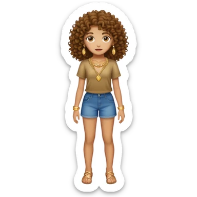 Full body teenage girl with curly brown hair, choni style with gold jewelry sticker
