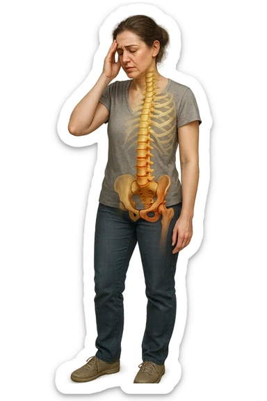 donna stanca a figura intera che si tiene una mano sulla tempia con spina dorsale anatomica visibile, iperrealistico 4k sticker