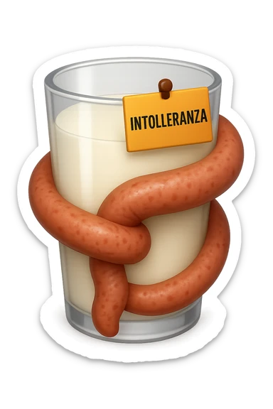 emoji stile iphone di un BICCHIERE DI LATTE CON COLON ATTORCIGLIATO INTORNO, HA UN CARTELLO CON LA SCRITTA "INTOLLERANZA" iperrealistico 4k, isolato su sfondo bianco sticker