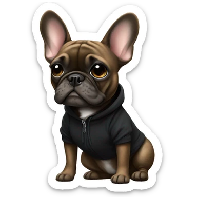 Brindle girl Frenchbulldog wearing a black sweatshirt sticker