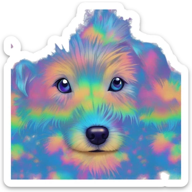 Multicolored rainbow retro groovy tie dye hippie trippy floral patterns on a metallic holographic iridescent blue dog face head unicorn sticker