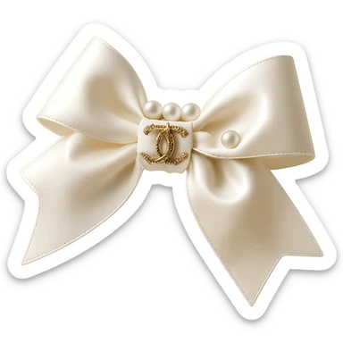 Add a solid white background behind an elegant bow with pearls and a gold Chanel logo, in a glossy, soft lighting, realistic style with soft reflections and highlights. sticker