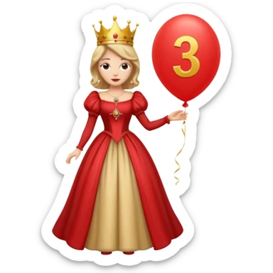queen wearing dress, holding balloon in shape of number 3 sticker
