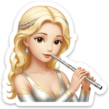 Cinematic Realistic Flute, polished silver metal with precise keywork, warm golden reflections dancing along its surface, soft hands carefully positioned over the keys, glowing with an elegant and airy charm. sticker