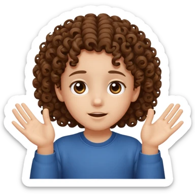 A kid with curly hair with both hands facing up saying 67 sticker