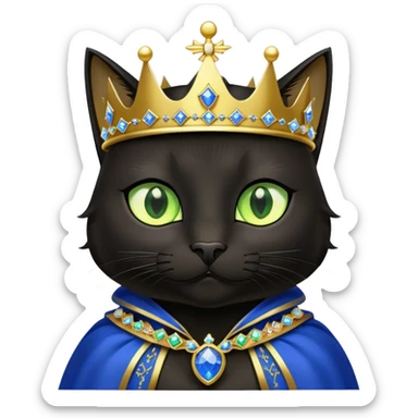 black cat with brilliant neon green eyes wearing a royal blue cape trimmed in gold and a crown with jewels sticker