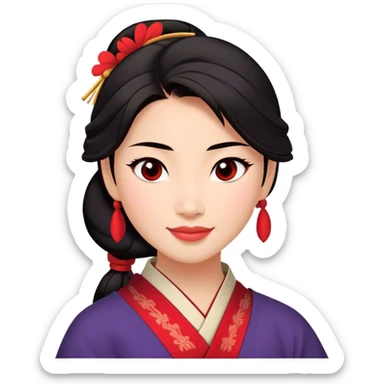 Cinematic Radiant Mulan Portrait Emoji, rendered in a realistic, vector-style with clean proportions. Show Mulan with a soft, confident smile, warm skin, and expressive eyes, her dark hair styled simply, and dressed in traditional clothing with understated red accents. The image radiates a gentle, luminous glow and high shine, accentuated by a soft glowing outline. sticker