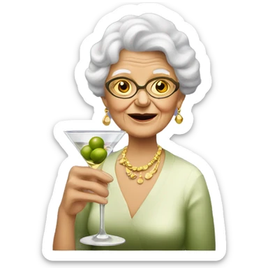 Old lady wearing gold earrings drinking a martini with two olives sticker