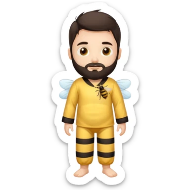 Grown up man with brown eyes, dark brown long hair, white skin, medium beard, full body in cute bee pijama sticker