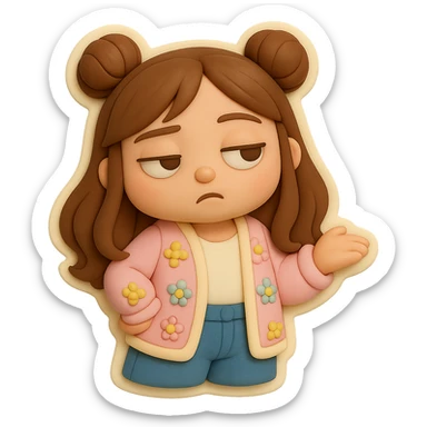 3D chibi fondant cake art style, high-quality rendering with smooth shadows and soft gradients. Girl based on reference image with preserved facial features and eye shape, long brown hair in two space buns, brown eyes, jeans, pastel floral cardigan, thick white outline like a sticker, transparent background. Rolling her eyes like 'oh please'. Ensure the face, hairstyle, and eye shape match the reference exactly. sticker