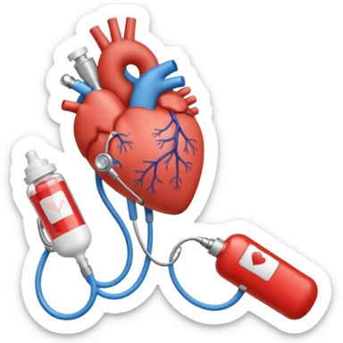 hand holding shape of a loveheart with background of stethescope, heel lancet, baby blood tubes, monitoring cables, baby bottle, cute scrapbooking paper,  sticker