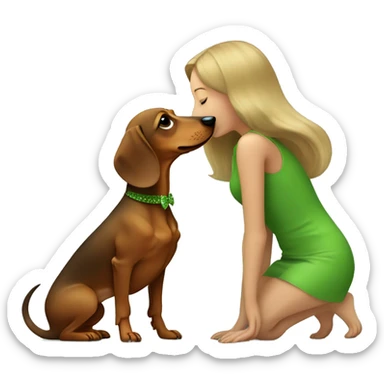 Dachshund  and dark blond girl with green yeas kissing dog sticker