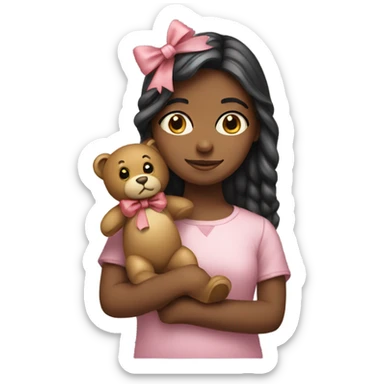 Girl holding teddy that has a bow sticker