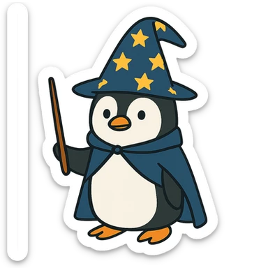 flat toon style penguin wizard with starry hat sticker
